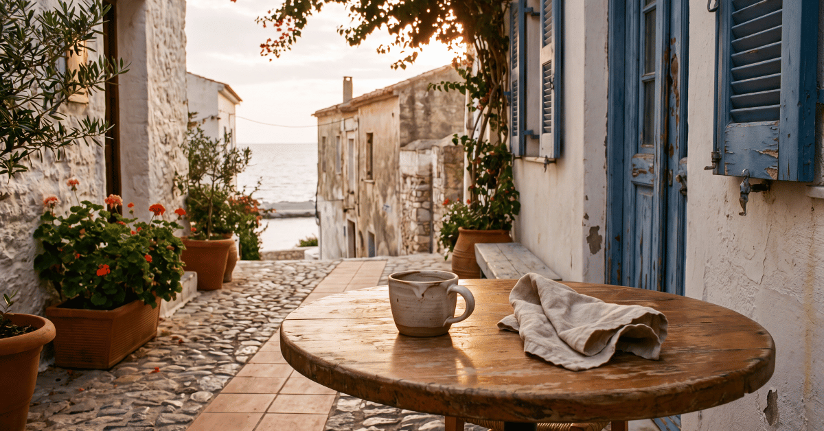 Cozy cafe table in a Mediterranean seaside village