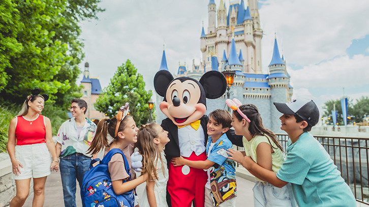 a group of children with Mickey Mouse at Disney World